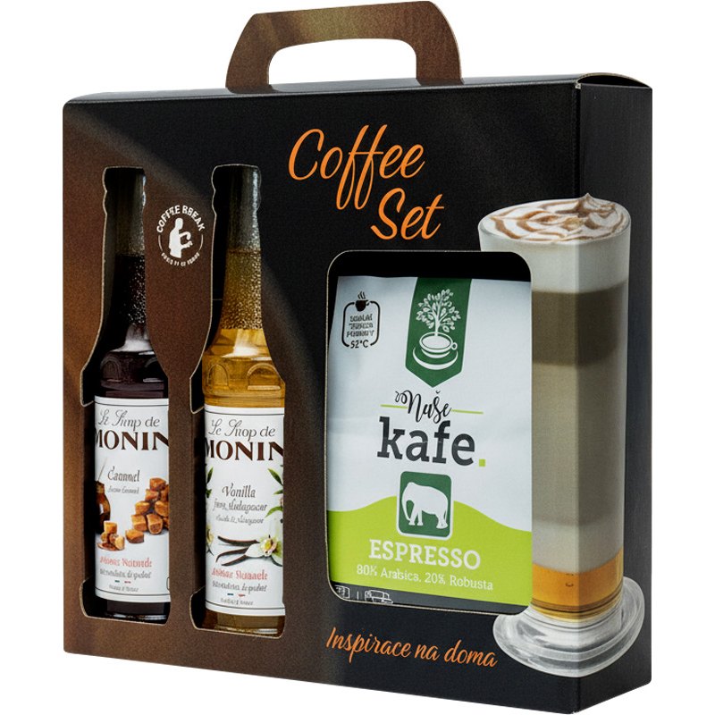 Monin Coffee set (Monin Vanilka,Karamel 250ml, Naše kafe Slon 250g)