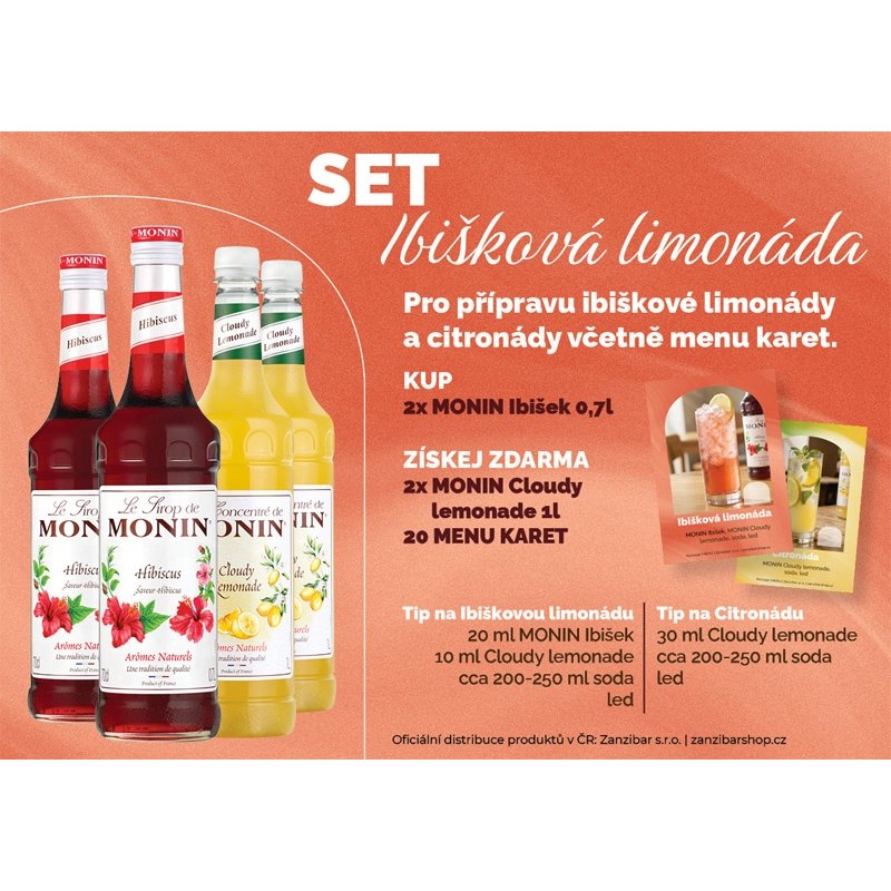 PACK Monin set Ibišková limonáda 2x0,7l Monin ibišek+2x1l Monin Cloudy lemo.+POS