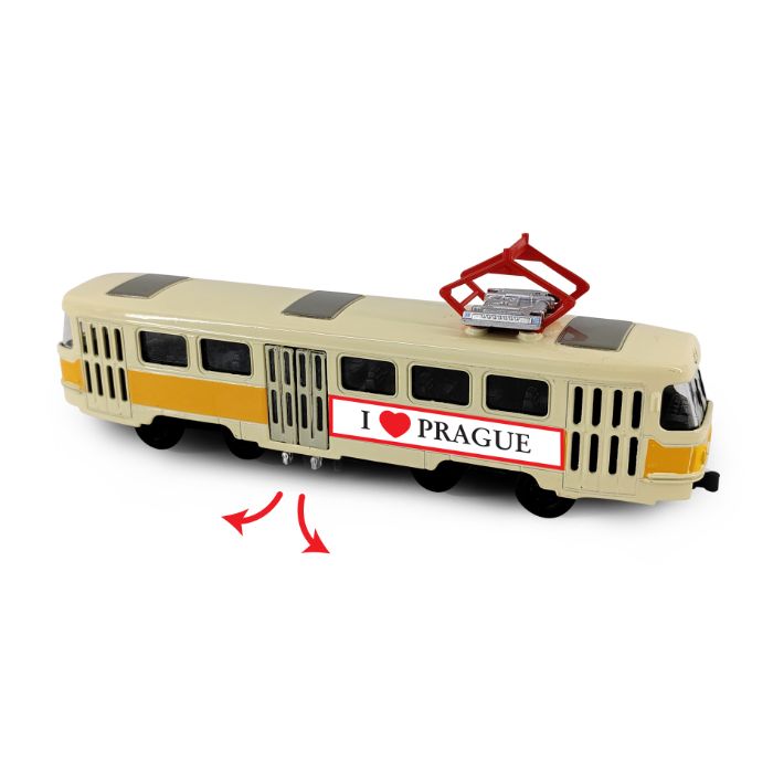 Kovová česká retro tramvaj žlutá 16 cm PRAGUE - otevírací dveře