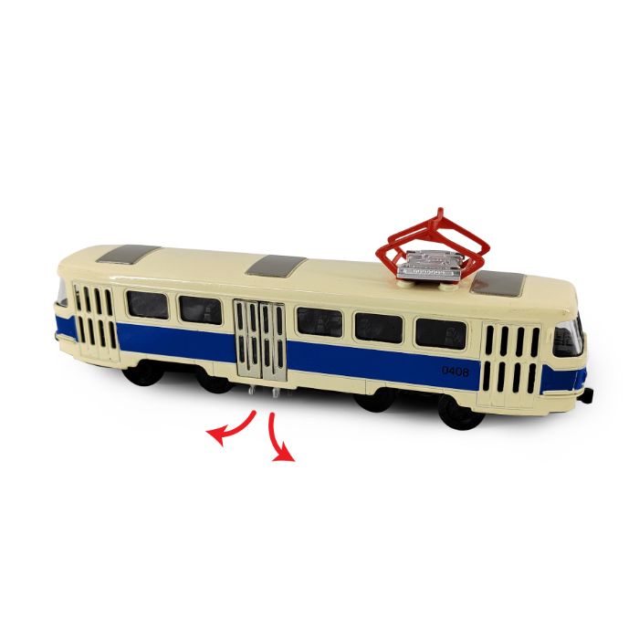 Kovová česká retro tramvaj modrá 16 cm - otevírací dveře